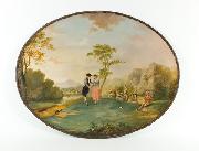 Decorated oval japanned tray base with painted scene from Tristram Shandy, signed and attributed to Edward Bird. Edward Bird